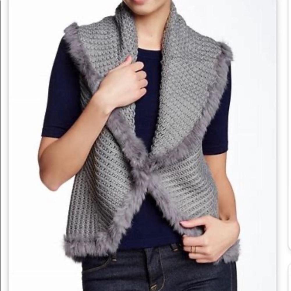 Love Token Knit Vest with Genuine Rabbit Fur Trim